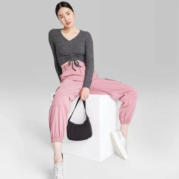 Fitted Ruched Front Sweater Wild Fable S Black Gray Knit Long‎ Sleeve V Neck Tee - Picture 3 of 7